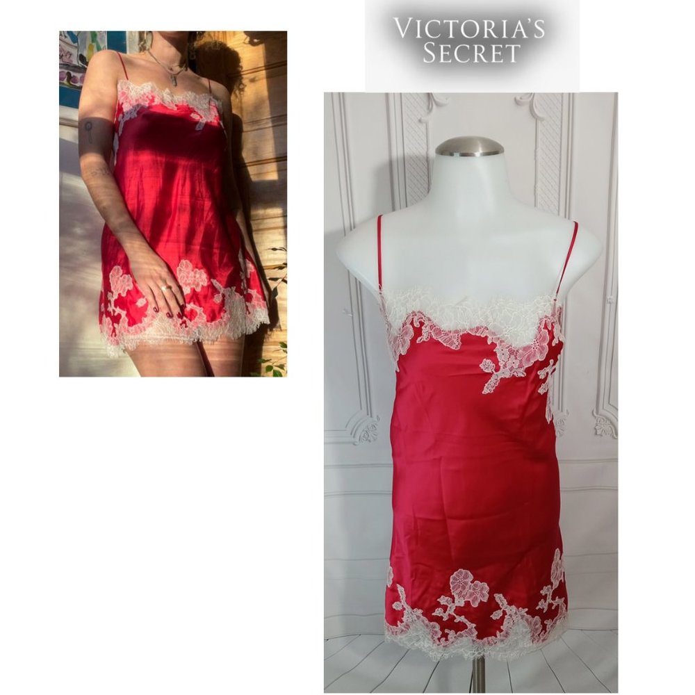 Victoria's Secret Red Satin & Lace Slip Dress Lingerie Chemise Nightgown Sz M
